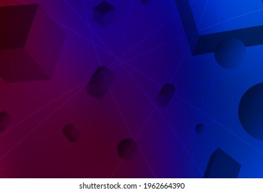 Dark Blue, Red vector layout with 3D cubes, cylinders, spheres, rectangles. Вesign in abstract style with geometric figures. Simple design for your web site.