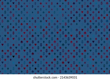 Dark blue, red vector layout with elements of cards. Illustration with set of hearts, spades, clubs, diamonds. Smart design for your business advert of casinos.