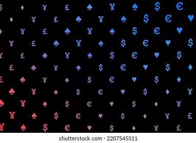 Dark blue, red vector layout with elements of cards. Colored illustration with hearts, clubs, diamonds. Pattern for ads of parties, events in Vegas.