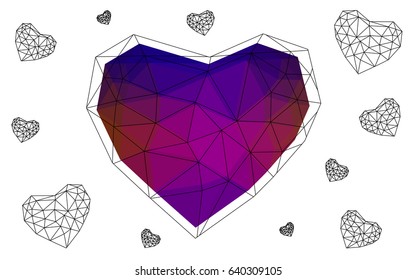 Dark Blue, Red vector love background with heart. Paper note. Valentine's greeting polygonal card. Triangular illustration for your business. Stock template for your design.