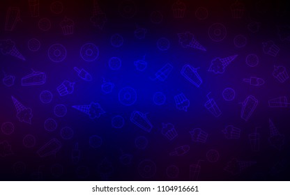 Dark Blue, Red vector pattern with delicious cookies. Glitter abstract sketch with sweets, candies, desserts. Template of children's food in cafe.