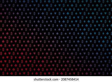 Dark blue, red vector pattern with symbol of cards. Shining illustration with hearts, spades, clubs, diamonds. Pattern for ads of parties, events in Vegas.