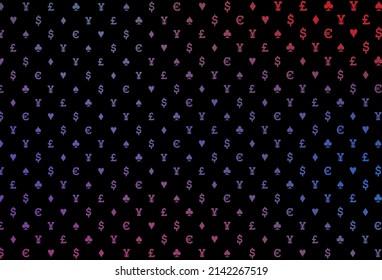 Dark blue, red vector pattern with symbol of cards. Glitter abstract sketch with isolated symbols of playing cards. Template for business cards of casinos.