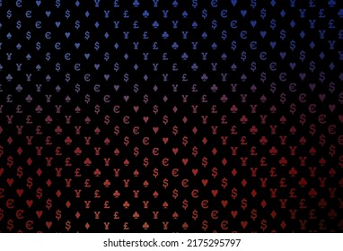 Dark blue, red vector pattern with symbol of cards. Blurred decorative design of hearts, spades, clubs, diamonds. Pattern for booklets, leaflets of gambling houses.