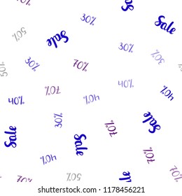 Dark Blue, Red vector seamless pattern with 30, 40, 50, 70 percentage signs. Colored words of sales with gradient on white background. Backdrop for super sales on Black Friday.