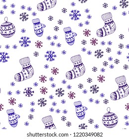 Dark Blue, Red vector seamless pattern with christmas snowflakes, balls, socks, mittens. Colorful illustration with xmas symbols. Design for wallpaper, fabric makers.