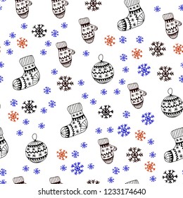 Dark Blue, Red vector seamless layout with bright snowflakes, balls, socks, mittens. Shining colorful illustration in christmas style. Pattern for trendy fabric, wallpapers.