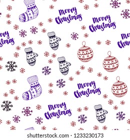 Dark Blue, Red vector seamless cover with beautiful snowflakes, balls, socks, mittens. Shining colorful illustration in christmas style. Design for textile, fabric, wallpapers.