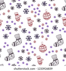 Dark Blue, Red vector seamless template with ice snowflakes, balls, socks, mittens. Colorful xmas elements with gradient. Design for wallpaper, fabric makers.