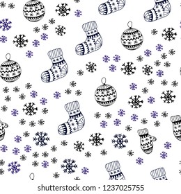 Dark Blue, Red vector seamless template with ice snowflakes, balls, socks, mittens. Colorful illustration with xmas symbols. Design for wallpaper, fabric makers.