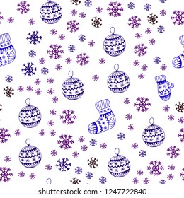 Dark Blue, Red vector seamless background with xmas snowflakes, balls, socks, mittens. Colorful decorative design in xmas style. Pattern for design of fabric, wallpapers.