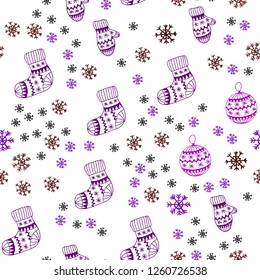 Dark Blue, Red vector seamless texture with colored snowflakes, balls, socks, mittens. Modern geometric abstract illustration. Design for textile, fabric, wallpapers.