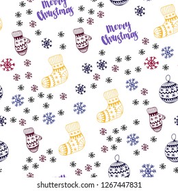 Dark Blue, Red vector seamless background with xmas snowflakes, balls, socks, mittens. Colorful decorative design in xmas style. Design for textile, fabric, wallpapers.