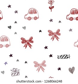 Dark Blue, Red vector seamless backdrop with holiday gifts. Illustration with a colorful toy car, heart, baloon, tulip, candy, ball. Design for holiday adverts.