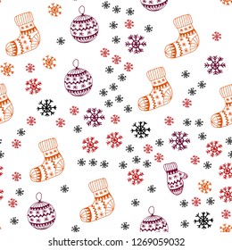 Dark Blue, Red vector seamless pattern with christmas snowflakes, balls, socks, mittens. Colorful decorative design in xmas style. Pattern for design of fabric, wallpapers.
