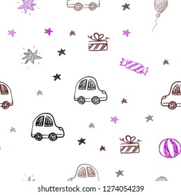 Dark Blue, Red vector seamless texture in birthday style. Abstract illustration with a toy car, baloon, candy, star, ball. Pattern for birthday gifts.