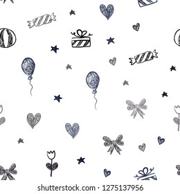 Dark Blue, Red vector seamless template in carnival style. Abstract illustration with aheart, baloon, candy, gift, star, ribbon. Pattern for carnival, festival ads.