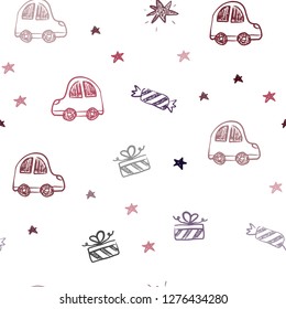 Dark Blue, Red vector seamless backdrop in holiday style. Illustration with a colorful toy car, baloon, candy, star, ball. Pattern for new year ads.
