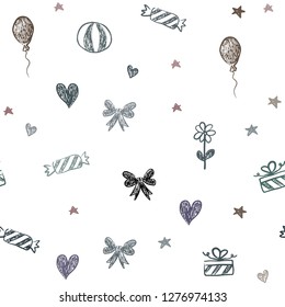 Dark Blue, Red vector seamless backdrop in holiday style. Illustration with a colorfulheart, baloon, candy, gift, star, ribbon. Pattern for carnival, festival ads.