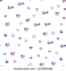 Dark Blue, Red vector seamless texture with words LOVE YOU, hearts. Illustration with words of love, hearts in abstract style. Texture for window blinds, curtains.