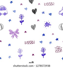 Dark Blue, Red vector seamless template with carnival elements. Design in xmas style with a toy car, heart, baloon, tulip, candy, ball. Design for holiday adverts.