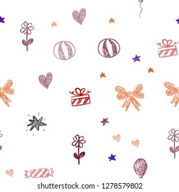 Dark Blue, Red vector seamless background with xmas attributes. Colorful illustration with a toy car, heart, baloon, tulip, candy, ball. Design for holiday adverts.