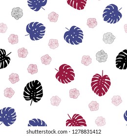Dark Blue, Red vector seamless doodle texture with flowers, leaves. Creative illustration in blurred style with leaves, flowers. Texture for window blinds, curtains.