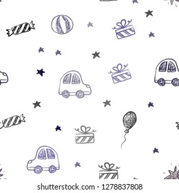 Dark Blue, Red vector seamless layout in new year style. Design in xmas style with a toy car, baloon, candy, star, ball. Pattern for carnival, festival ads.