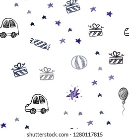 Dark Blue, Red vector seamless backdrop in holiday style. Illustration with a colorful toy car, baloon, candy, star, ball. Design for colorful commercials.