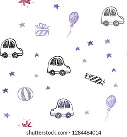 Dark Blue, Red vector seamless backdrop in holiday style. Illustration with a gradient toy car, baloon, candy, star, ball. Pattern for birthday gifts.