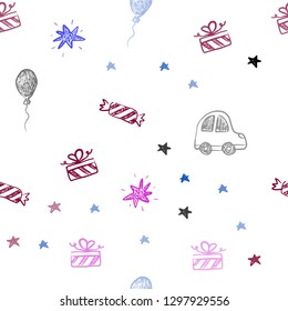 Dark Blue, Red vector seamless pattern in christmas style. Abstract illustration with a toy car, baloon, candy, star, ball. Pattern for birthday gifts.