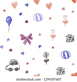 Dark Blue, Red vector seamless backdrop with holiday gifts. Illustration with a colorful toy car, heart, baloon, tulip, candy, ball. Pattern for carnival, festival ads.