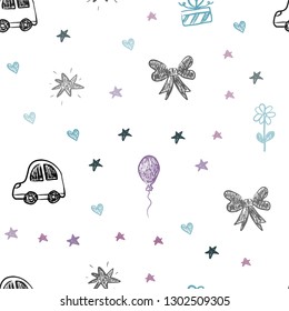Dark Blue, Red vector seamless template with carnival elements. Abstract illustration with a toy car, heart, baloon, tulip, candy, ball. Pattern for birthday gifts.