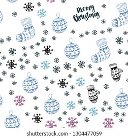 Dark Blue, Red vector seamless texture with colored snowflakes, balls, socks, mittens. Colorful illustration with xmas symbols. Texture for window blinds, curtains.