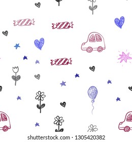 Dark Blue, Red vector seamless template with carnival elements. Illustration with a gradient toy car, heart, baloon, tulip, candy, ball. Pattern for carnival, festival ads.
