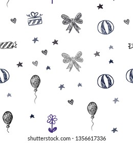 Dark Blue, Red vector seamless texture with birthday gifts. Colorful illustration with a toy car, heart, baloon, tulip, candy, ball. Pattern for carnival, festival ads.