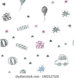 Dark Blue, Red vector seamless backdrop in holiday style. Abstract illustration with a toy car, baloon, candy, star, ball. Design for holiday adverts.