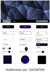 Dark Blue, Red vector style guide with triangles. Ui Ux kit with colorful polygonal background in its header. Simple colorful design for websites.