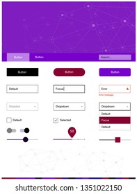 Dark Blue, Red vector style guide with triangles, circles. Ui Ux kit with colorful polygonal background in its header. This template you can use for landing pages.