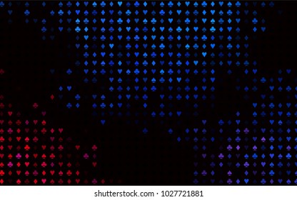 Dark Blue, Red vector template with poker symbols. Glitter abstract sketch with isolated symbols of playing cards. Template for business cards of casinos.
