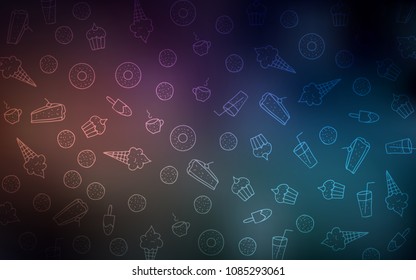 Dark Blue, Red vector template with sweet snacks. Confections on blurred abstract background with colorful gradient. Design for ad, poster, banner of cafes or restaurants.
