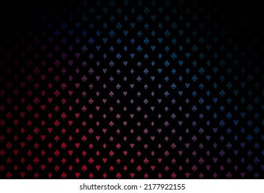 Dark blue, red vector template with poker symbols. Colorful gradient with signs of hearts, spades, clubs, diamonds. Design for ad, poster, banner of gambling websites.