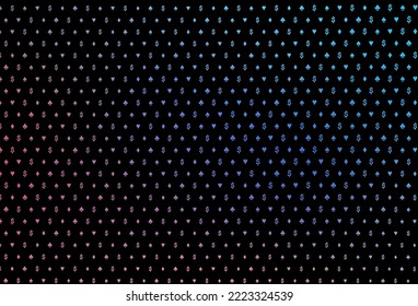 Plantilla vectorial roja azul oscuro con símbolos de póker. Gradiente colorido con signos de corazones, espadas, palos, diamantes. Patrón de folletos de juegos de póquer, eventos.