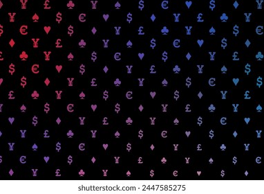 Plantilla de Vector azul oscuro, rojo con símbolos de póquer. Esbozo abstracto brillante con símbolos aislados de las tarjetas de juego. Patrón para folletos, folletos de casas de juego.