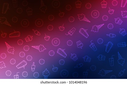 Dark Blue, Red vector texture with sweets, candies. Confections on blurred abstract background with colorful gradient. Pattern for menu of cafes and restaurants.