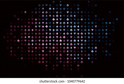 Dark Blue, Red vector texture with playing cards. Glitter abstract sketch with isolated symbols of playing cards. Template for business cards of casinos.