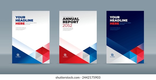 Dark blue, red and white Abstract triangle on white and dark blue background. A4 size book cover template for annual report, magazine, booklet, proposal, portfolio, brochure, poster
