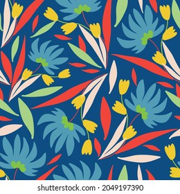 Dark blue with red, white and green leaves and yellow and blue flower elements seamless pattern background design.