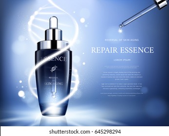 dark blue repair essence with helical structure and droplet bottle, 3d illustration