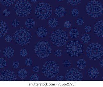 Dark blue repeatable motif for holiday wrapping paper, fabric, backdrop. Abstract winter vector background. Xmas and New Year elegant luxury style seamless pattern.